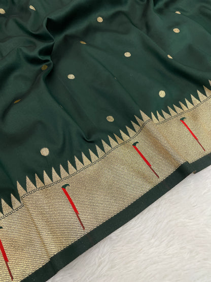 Bottle Green Paithani Silk Saree with Gold Zari Border & Multicolor Floral Pallu