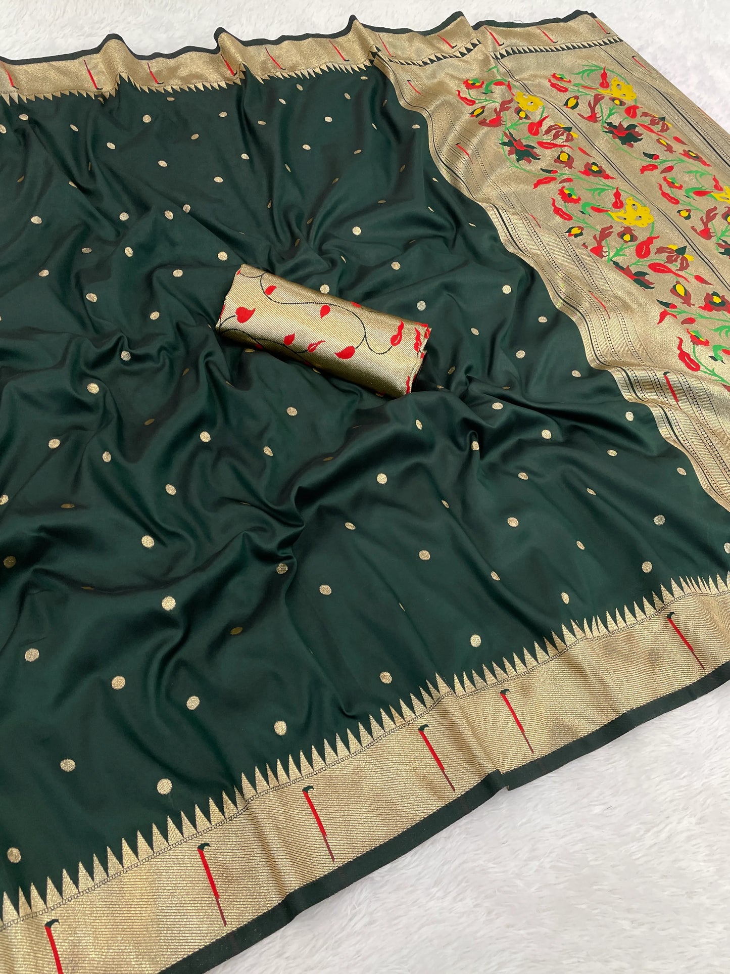 Bottle Green Paithani Silk Saree with Gold Zari Border & Multicolor Floral Pallu