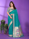 Rama Green Paithani Silk Saree with Silver Zari Border & Multicolor Floral Pallu