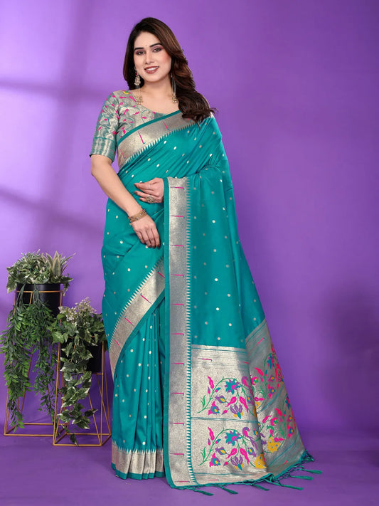 Rama Green Paithani Silk Saree with Silver Zari Border & Multicolor Floral Pallu