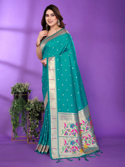 Rama Green Paithani Silk Saree with Silver Zari Border & Multicolor Floral Pallu