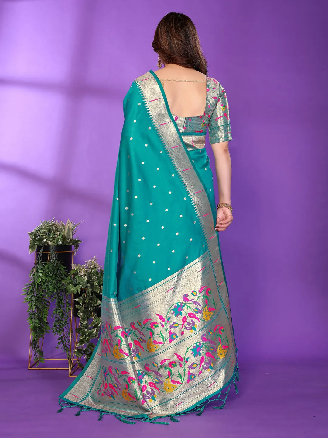 Rama Green Paithani Silk Saree with Silver Zari Border & Multicolor Floral Pallu