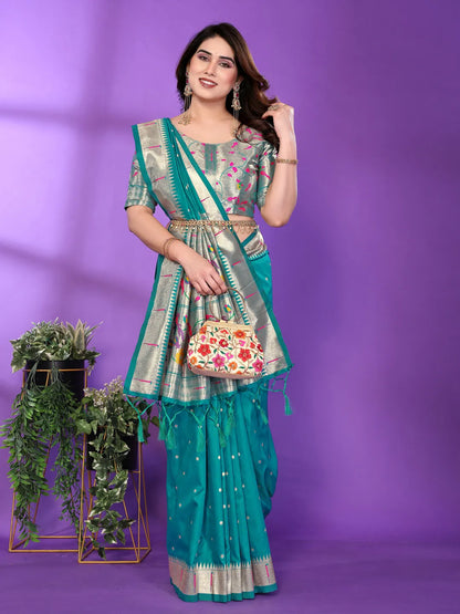 Rama Green Paithani Silk Saree with Silver Zari Border & Multicolor Floral Pallu