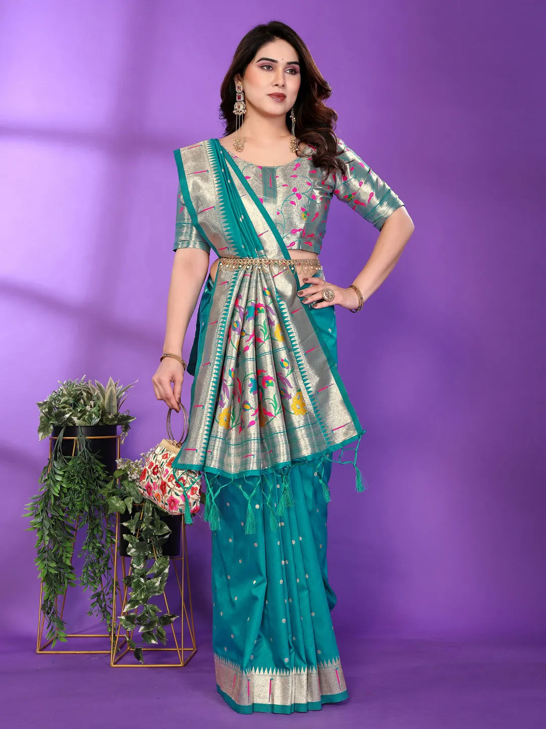 Rama Green Paithani Silk Saree with Silver Zari Border & Multicolor Floral Pallu