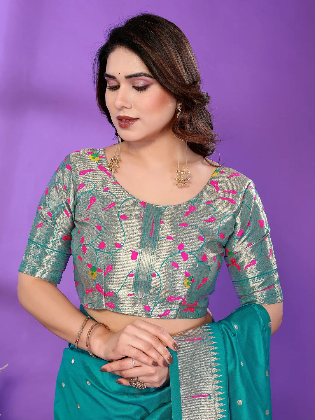 Rama Green Paithani Silk Saree with Silver Zari Border & Multicolor Floral Pallu