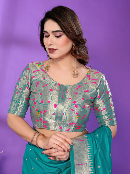 Rama Green Paithani Silk Saree with Silver Zari Border & Multicolor Floral Pallu