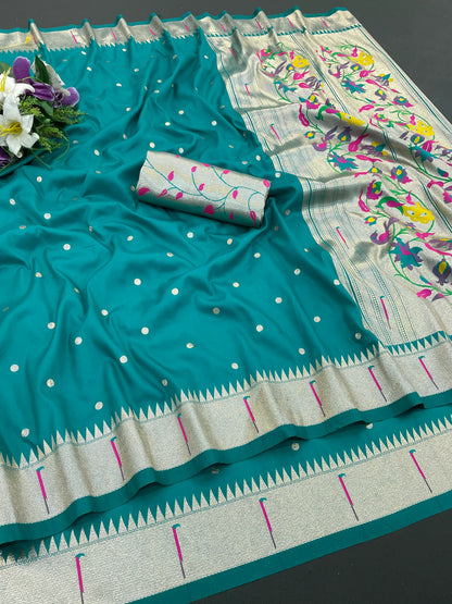 Rama Green Paithani Silk Saree with Silver Zari Border & Multicolor Floral Pallu