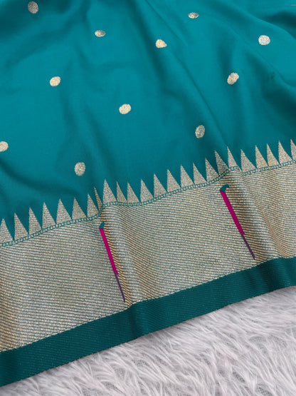 Rama Green Paithani Silk Saree with Silver Zari Border & Multicolor Floral Pallu