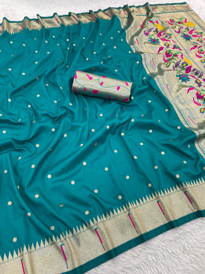Rama Green Paithani Silk Saree with Silver Zari Border & Multicolor Floral Pallu