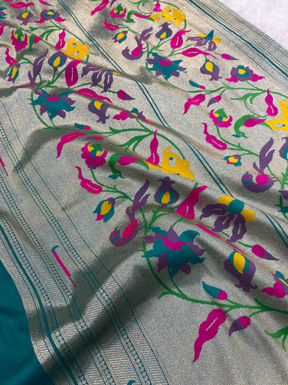 Rama Green Paithani Silk Saree with Silver Zari Border & Multicolor Floral Pallu