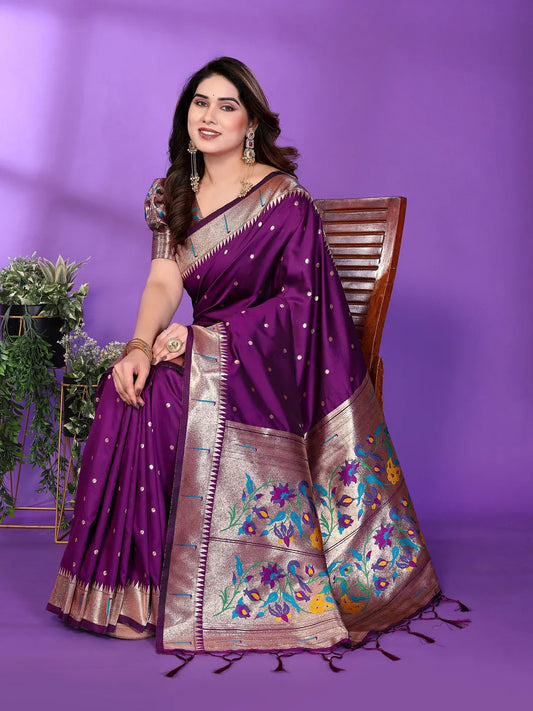 Royal Purple Paithani Silk Saree with Silver Zari Border & Multicolor Floral Pallu