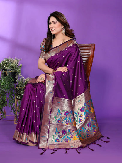 Royal Purple Paithani Silk Saree with Silver Zari Border & Multicolor Floral Pallu