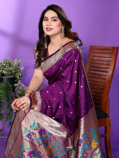 Royal Purple Paithani Silk Saree with Silver Zari Border & Multicolor Floral Pallu