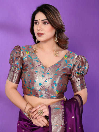 Royal Purple Paithani Silk Saree with Silver Zari Border & Multicolor Floral Pallu