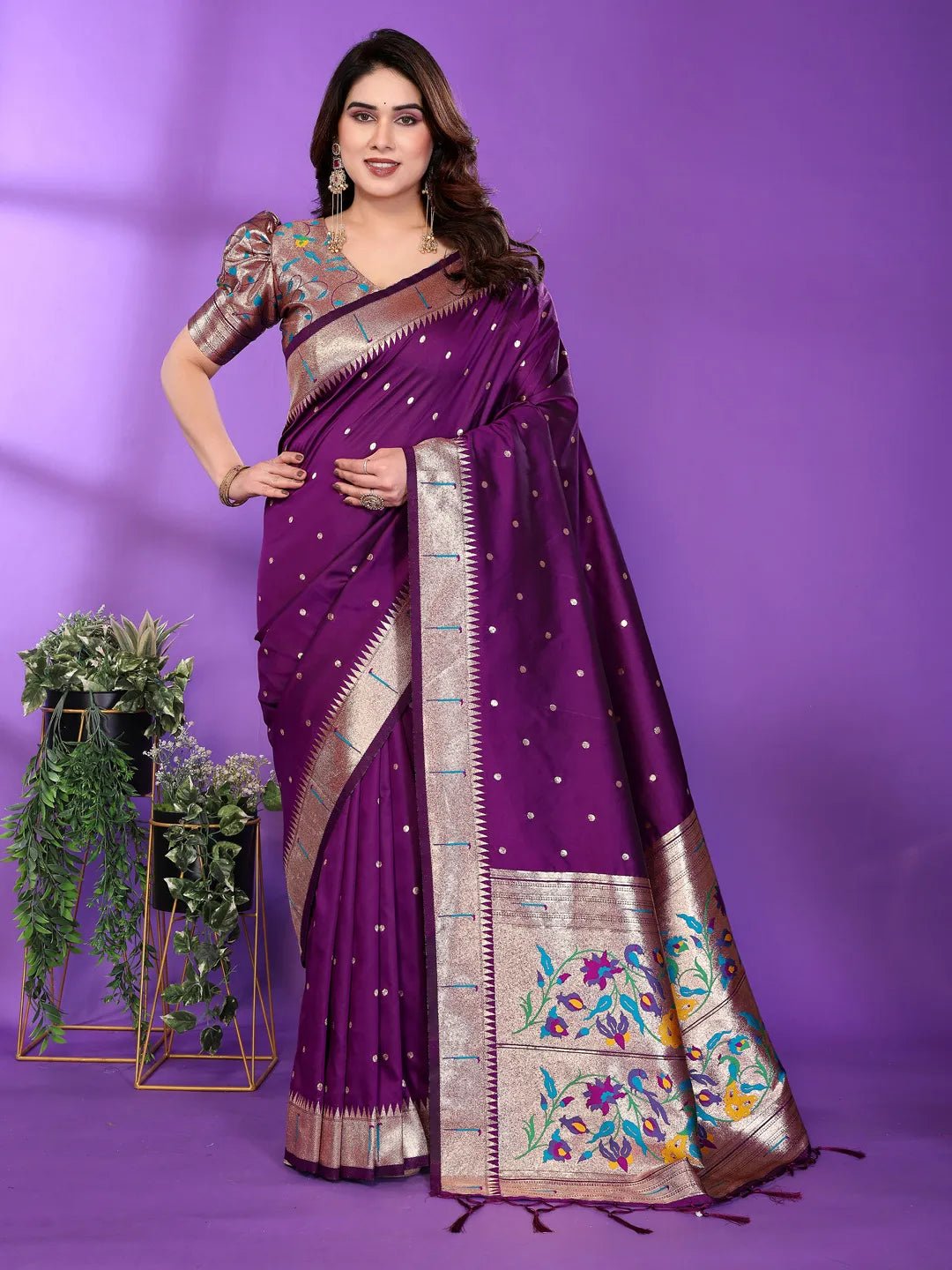 Royal Purple Paithani Silk Saree with Silver Zari Border & Multicolor Floral Pallu
