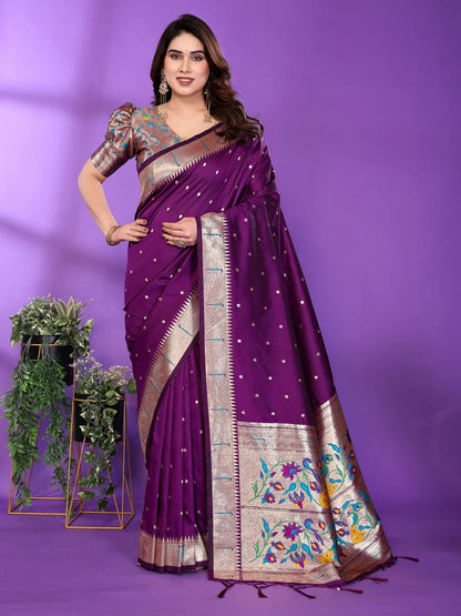 Royal Purple Paithani Silk Saree with Silver Zari Border & Multicolor Floral Pallu