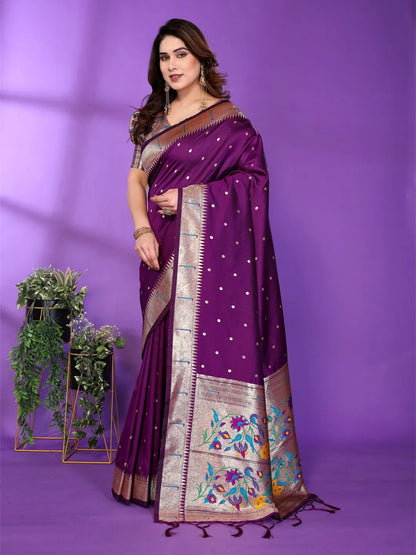 Royal Purple Paithani Silk Saree with Silver Zari Border & Multicolor Floral Pallu