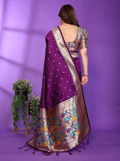 Royal Purple Paithani Silk Saree with Silver Zari Border & Multicolor Floral Pallu