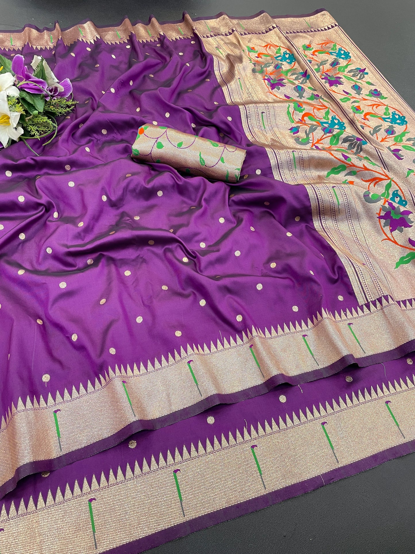 Royal Purple Paithani Silk Saree with Silver Zari Border & Multicolor Floral Pallu