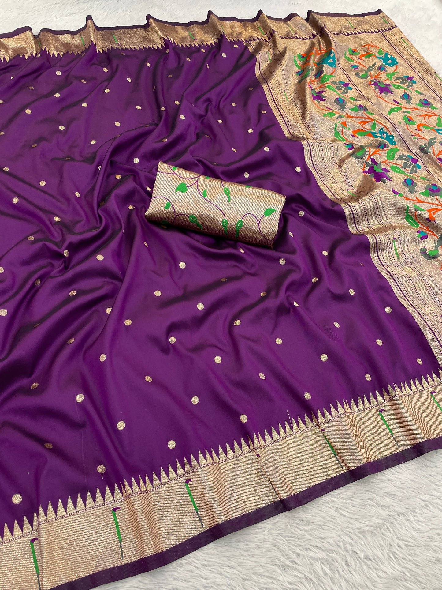 Royal Purple Paithani Silk Saree with Silver Zari Border & Multicolor Floral Pallu