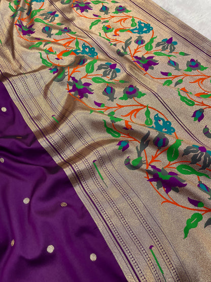 Royal Purple Paithani Silk Saree with Silver Zari Border & Multicolor Floral Pallu
