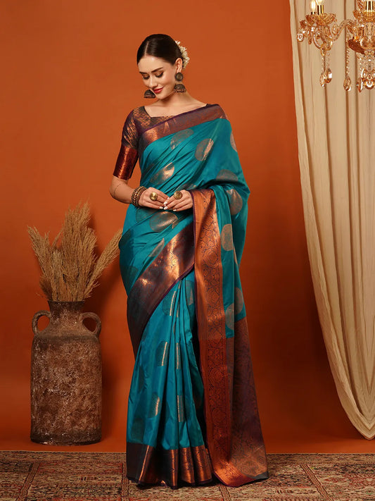 Firozi Blue Banarasi Silk Saree with Antique Copper Zari Circular Buttas & Rich Woven Border