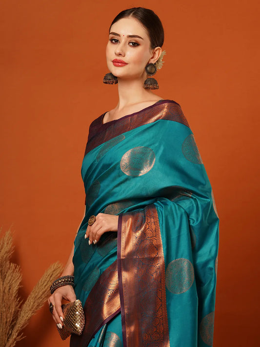 Firozi Blue Banarasi Silk Saree with Antique Copper Zari Circular Buttas & Rich Woven Border