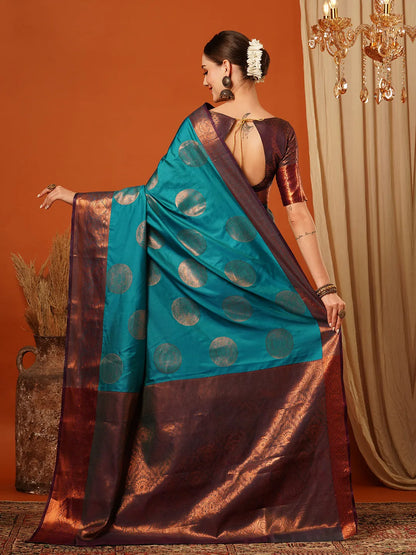 Firozi Blue Banarasi Silk Saree with Antique Copper Zari Circular Buttas & Rich Woven Border