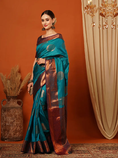 Firozi Blue Banarasi Silk Saree with Antique Copper Zari Circular Buttas & Rich Woven Border