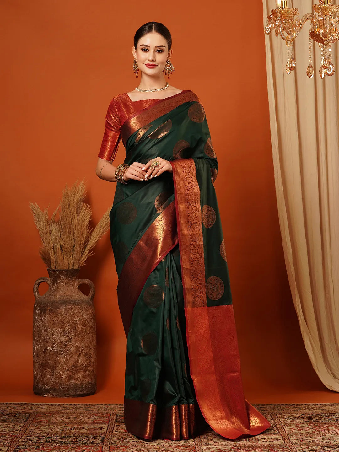 Bottle Green Banarasi Silk Saree with Antique Copper Zari Circular Buttas & Rich Red Woven Border