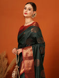 Bottle Green Banarasi Silk Saree with Antique Copper Zari Circular Buttas & Rich Red Woven Border