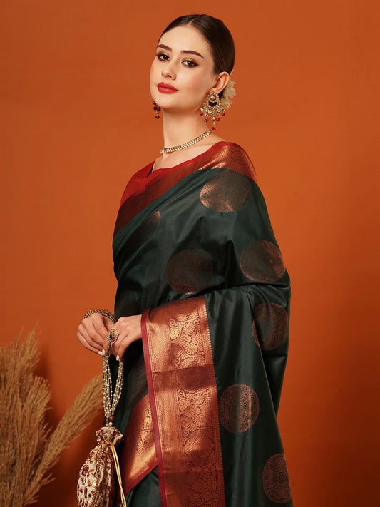 Bottle Green Banarasi Silk Saree with Antique Copper Zari Circular Buttas & Rich Red Woven Border