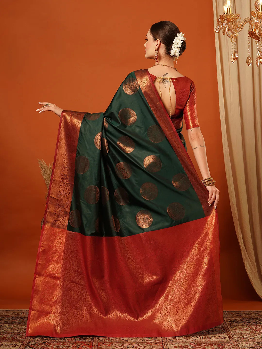 Bottle Green Banarasi Silk Saree with Antique Copper Zari Circular Buttas & Rich Red Woven Border