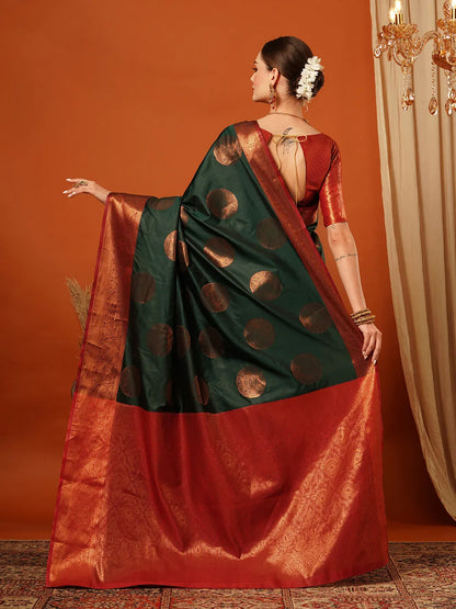 Bottle Green Banarasi Silk Saree with Antique Copper Zari Circular Buttas & Rich Red Woven Border