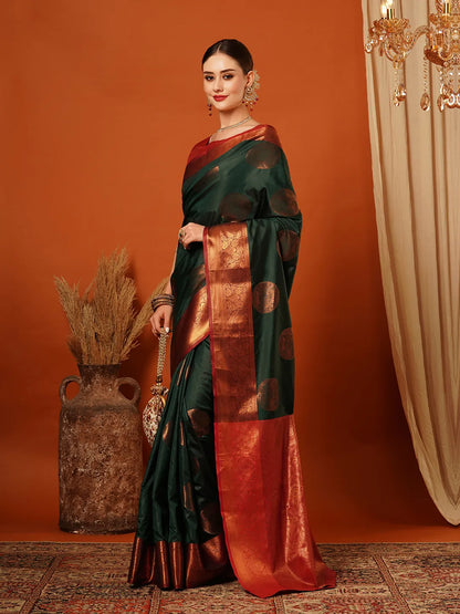 Bottle Green Banarasi Silk Saree with Antique Copper Zari Circular Buttas & Rich Red Woven Border