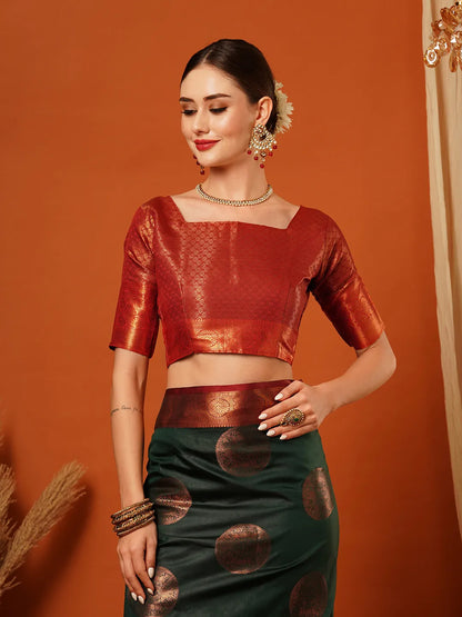 Bottle Green Banarasi Silk Saree with Antique Copper Zari Circular Buttas & Rich Red Woven Border