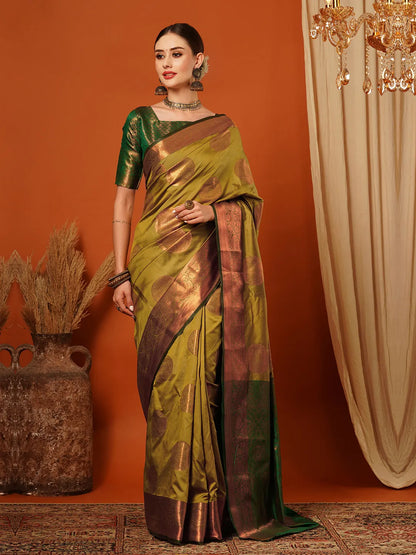 Lemon Green Banarasi Silk Saree with Antique Copper Zari Circular Buttas & Emerald Green Woven Pallu