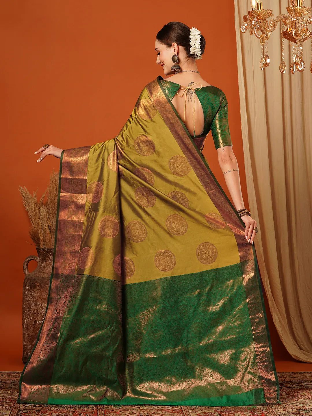 Lemon Green Banarasi Silk Saree with Antique Copper Zari Circular Buttas & Emerald Green Woven Pallu