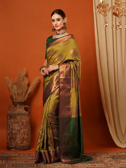 Lemon Green Banarasi Silk Saree with Antique Copper Zari Circular Buttas & Emerald Green Woven Pallu