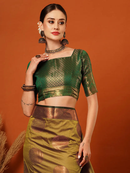 Lemon Green Banarasi Silk Saree with Antique Copper Zari Circular Buttas & Emerald Green Woven Pallu