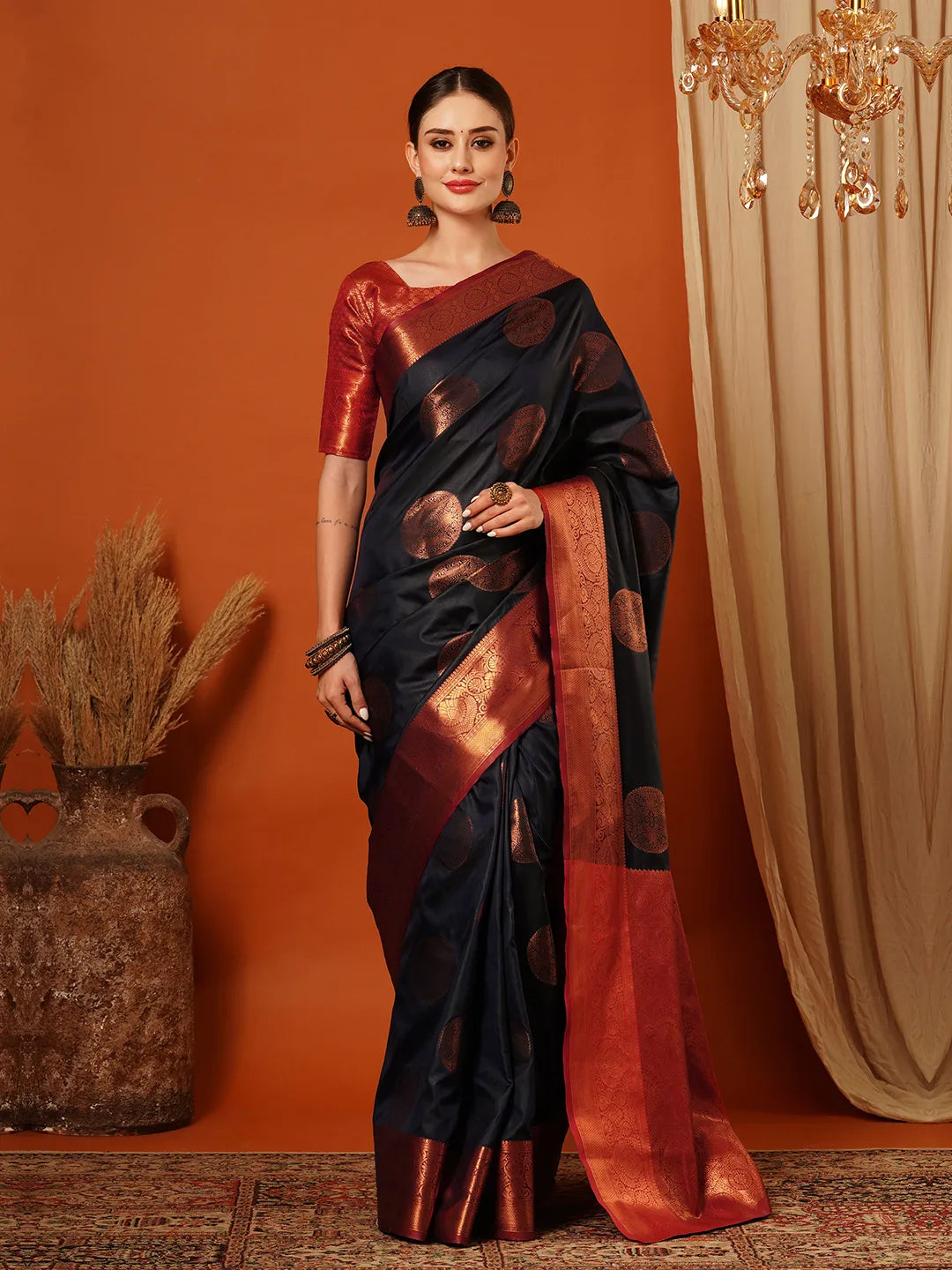Navy Blue Banarasi Silk Saree with Antique Copper Zari Circular Buttas & Ruby Red Woven Pallu