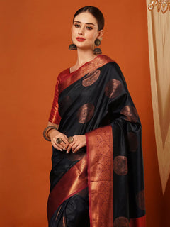 Navy Blue Banarasi Silk Saree with Antique Copper Zari Circular Buttas & Ruby Red Woven Pallu
