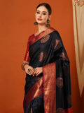 Navy Blue Banarasi Silk Saree with Antique Copper Zari Circular Buttas & Ruby Red Woven Pallu