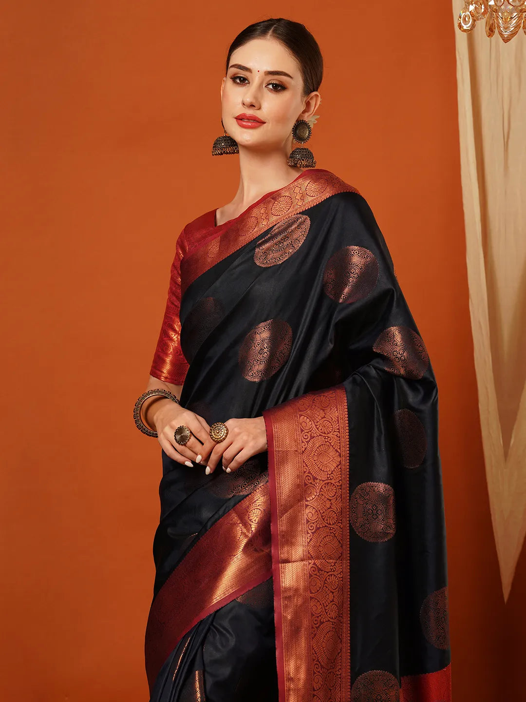 Navy Blue Banarasi Silk Saree with Antique Copper Zari Circular Buttas & Ruby Red Woven Pallu
