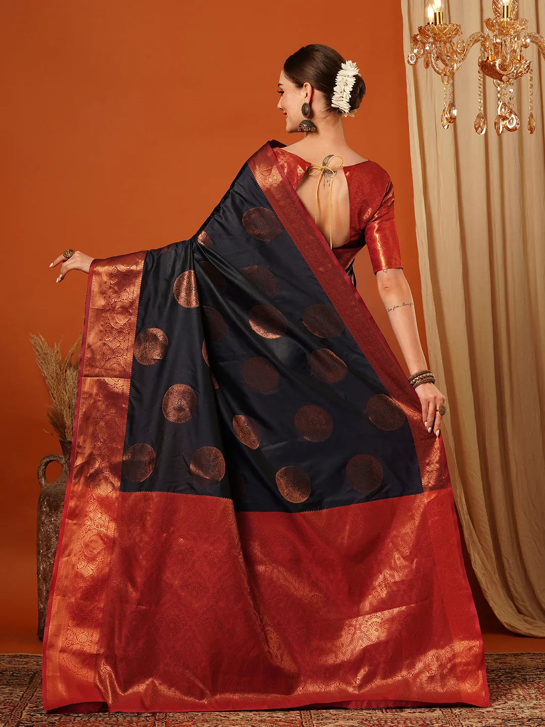 Navy Blue Banarasi Silk Saree with Antique Copper Zari Circular Buttas & Ruby Red Woven Pallu