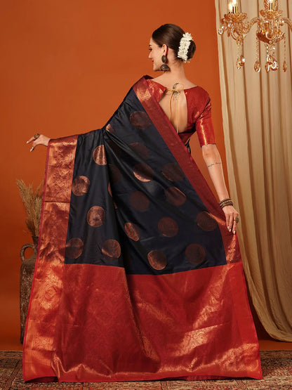 Navy Blue Banarasi Silk Saree with Antique Copper Zari Circular Buttas & Ruby Red Woven Pallu