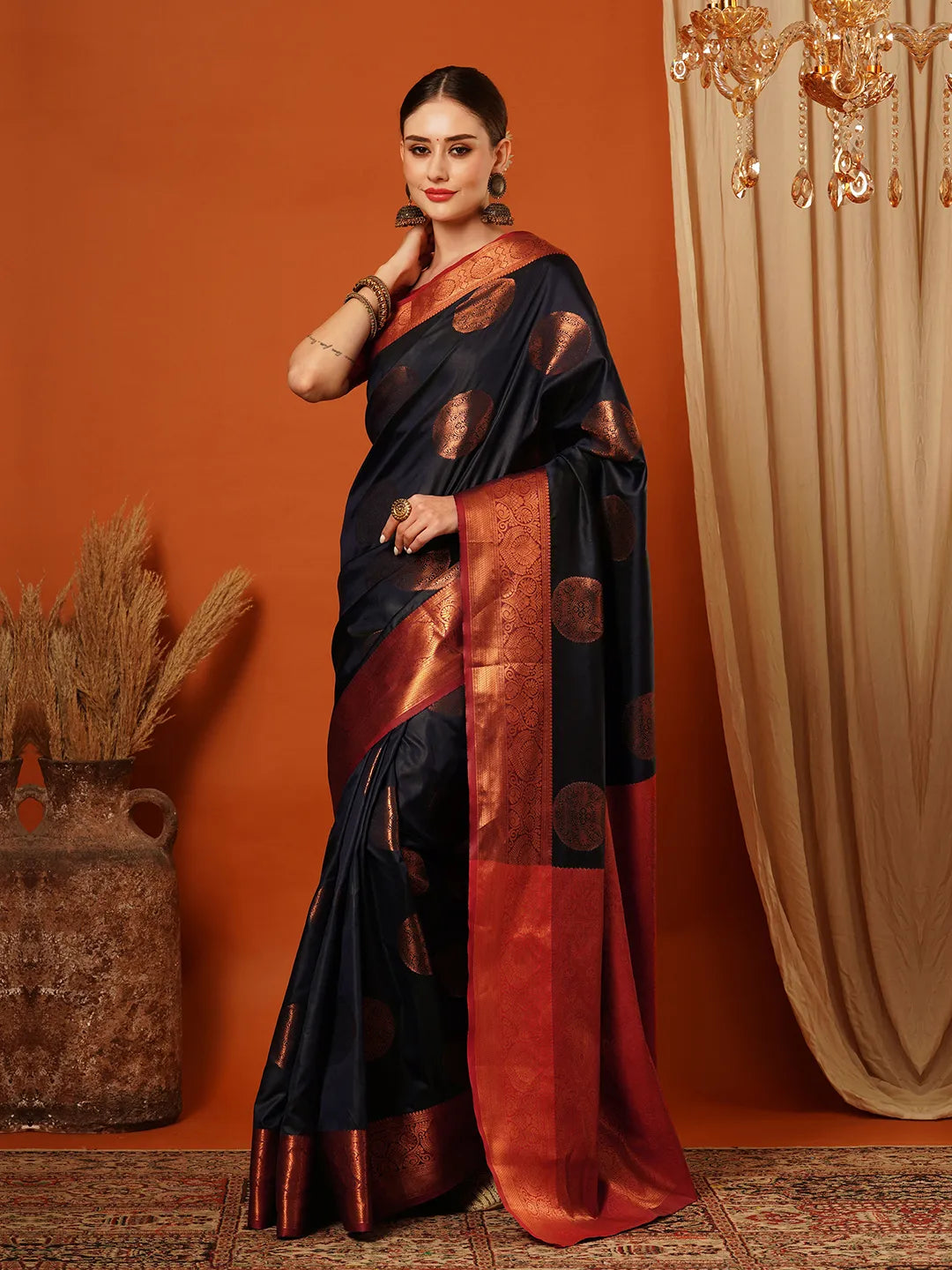 Navy Blue Banarasi Silk Saree with Antique Copper Zari Circular Buttas & Ruby Red Woven Pallu