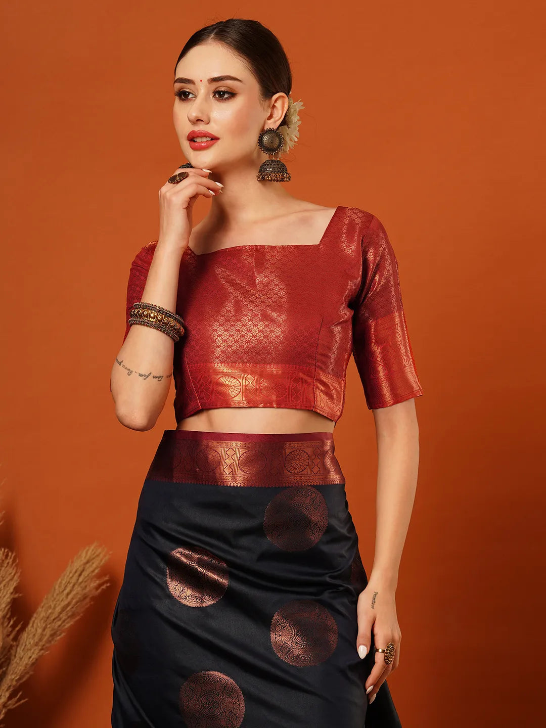 Navy Blue Banarasi Silk Saree with Antique Copper Zari Circular Buttas & Ruby Red Woven Pallu