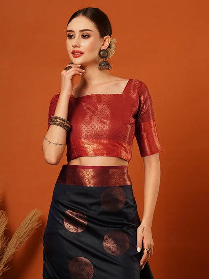 Navy Blue Banarasi Silk Saree with Antique Copper Zari Circular Buttas & Ruby Red Woven Pallu