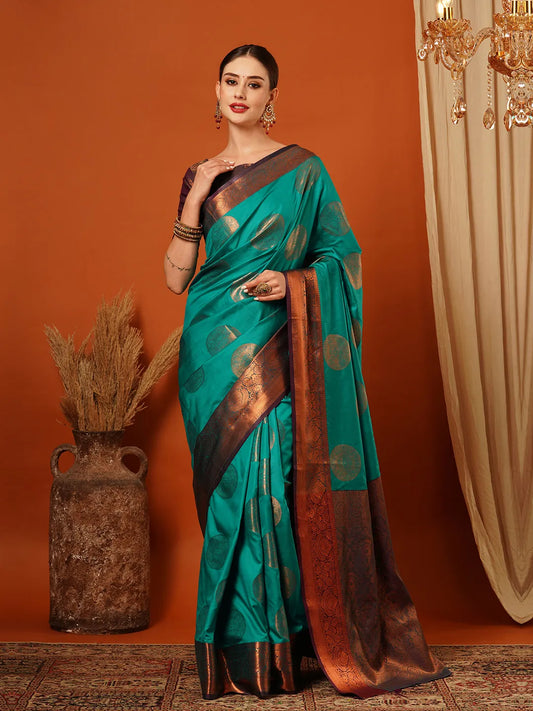 Rama Green Banarasi Silk Saree with Antique Copper Zari Circular Buttas & Deep Coffee Brown Woven Pallu